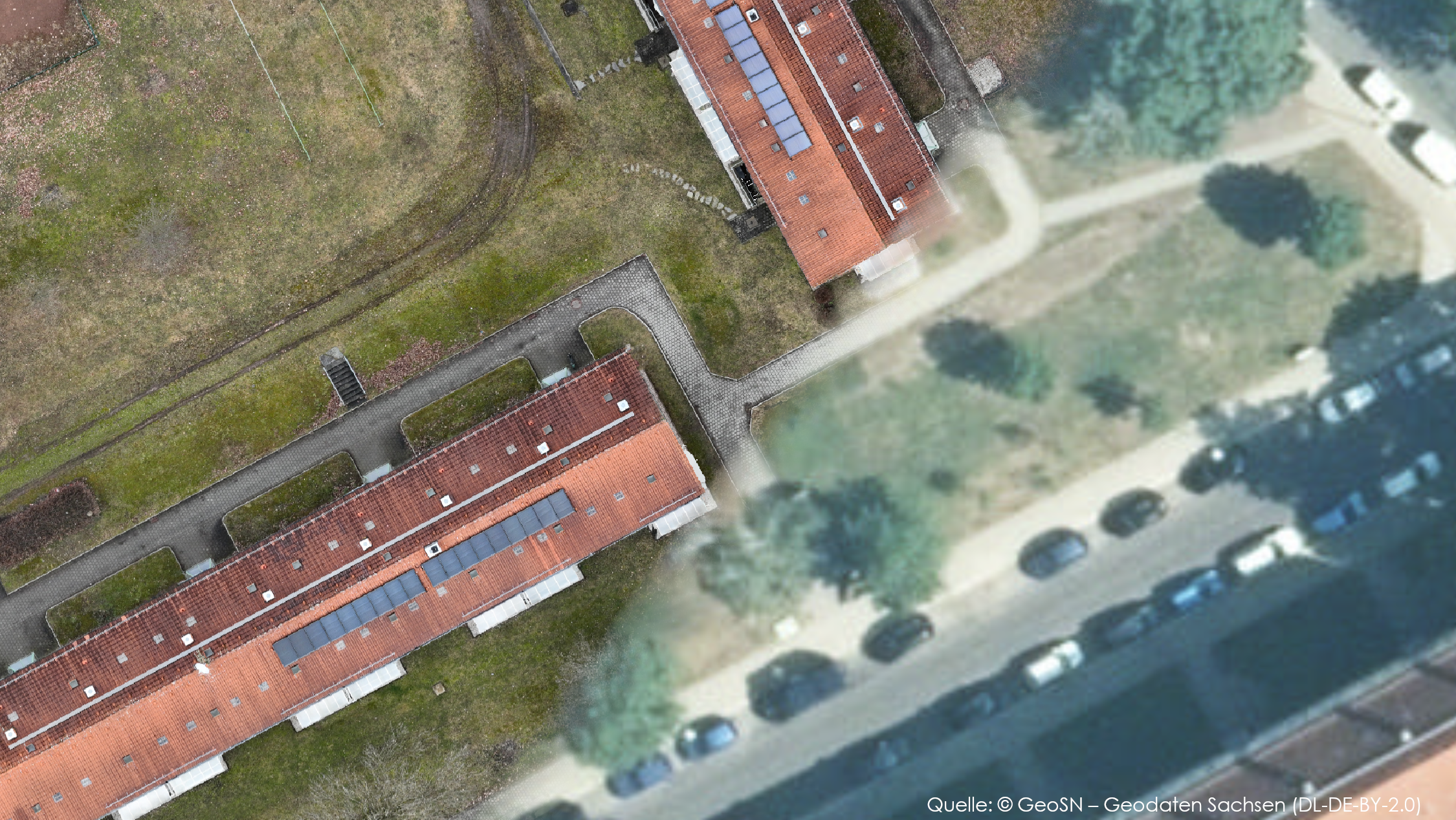 Entzerrtes Orthofoto im Vergleich mit traditionellem Luftbild Drohnenbefliegung William Unger Büro für Städtebau GmbH Chemnitz